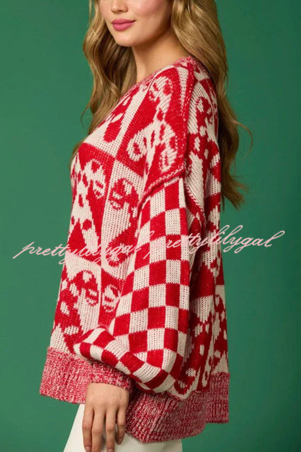 Christmas Candy Plaid Round Neck Long Sleeve Loose Knit Sweater