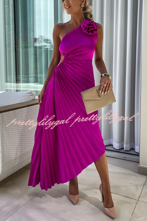 Romantic Nights Satin Raised Flower Elastic Cutout One Shoulder Pleated Maxi Dress