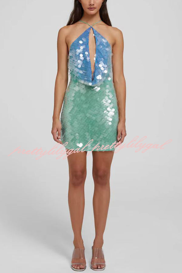 Fashion Sexy Sequined Backless Halter Neck Slim Fit Mini Dress