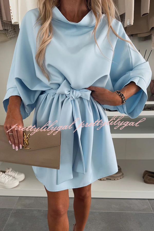 Solid Color Loose Round Neck Belted Mini Dress