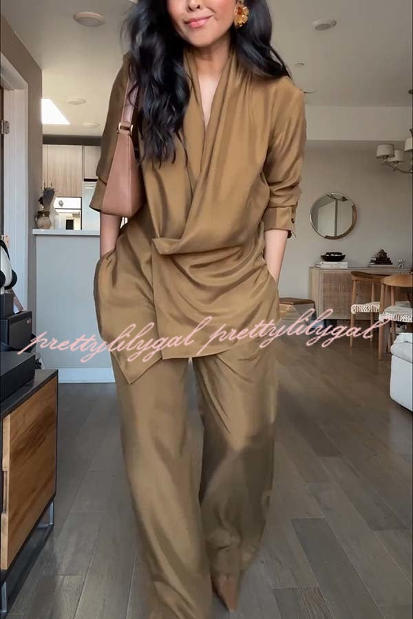 Bella Satin Drape Collar Single Button Casual Blazer and Elastic Waist Pocket Loose Pants Set