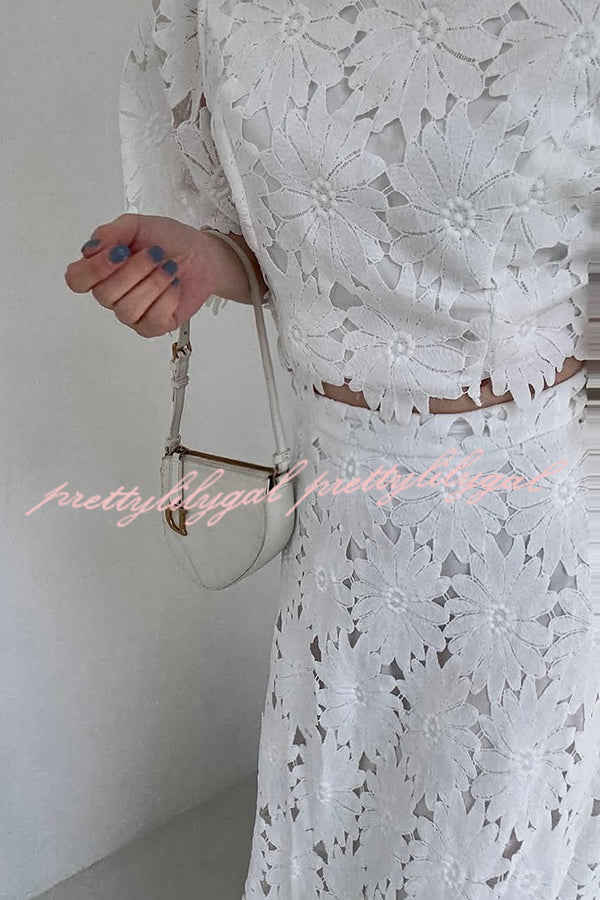 Elegant Embroidered Hollow Flowers Bell Sleeve Top and Full Hem Maxi Skirt Set