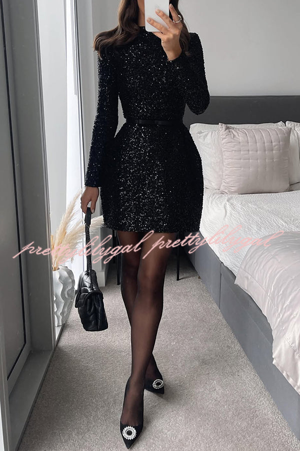 Edie Sequin High Neck Long Sleeve Satin Bow Belted Tulip Mini Dress