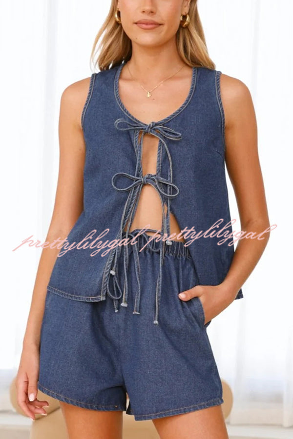 Solid Color Sleeveless Tie Top and Elastic Waist Loose Pocket Denim Shorts Set