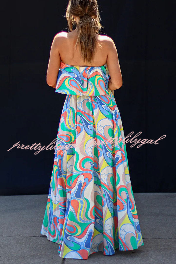 Like Fine Art Printed Strapless Elastic Waist Maxi Dress