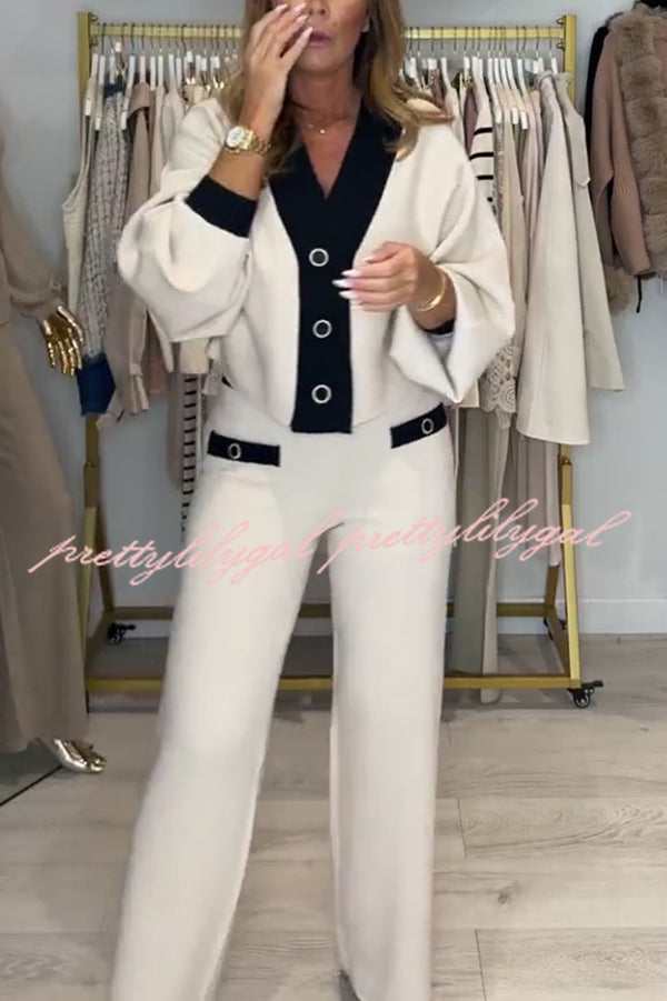Fashion Contrast Color V-neck Loose Cardigan and Elastic Waist Casual Pants Set