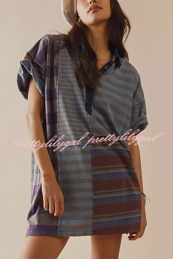 Contrast Striped Patchwork Denim Lapel Loose Casual Mini Dress