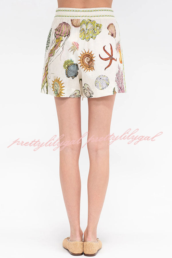 Beach Shell Print Short Sleeve Loose Shirt and Elastic Waist Tie Casual Pocket Shorts Set