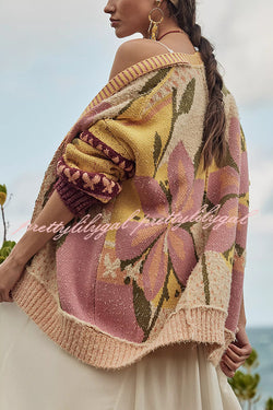 Floral Pattern Loose Long-sleeved Knitted Cardigan