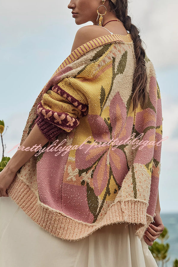 Floral Pattern Loose Long-sleeved Knitted Cardigan