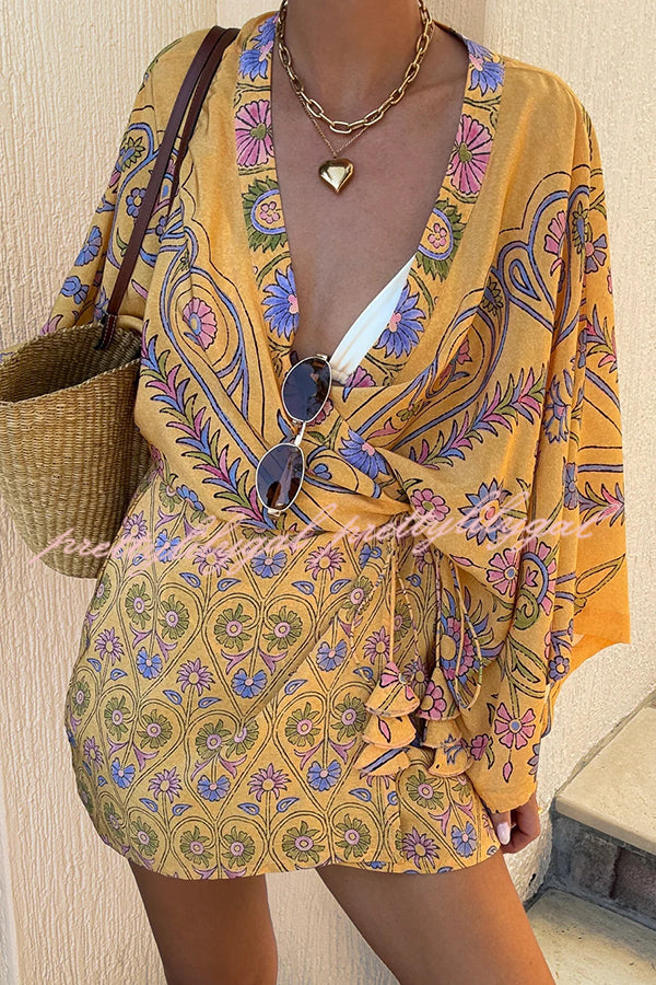 Mumbai's Flower Unique Print Batwing Sleeve Wrap Tie-up Boho Mini Dress