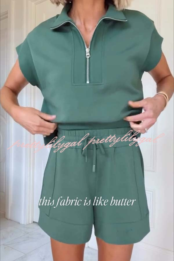Buttery Touch Half-Zip Short Sleeve Sweatshirt and Elastic Waist Pocket Casual Shorts Set