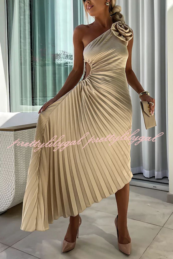 Romantic Nights Satin Raised Flower Elastic Cutout One Shoulder Pleated Maxi Dress