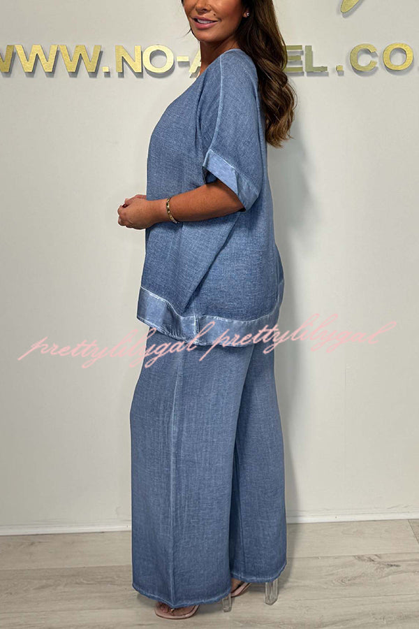 Fashionable V-neck Short-sleeved Loose Top and Elastic Waist Casual Wide-leg Pants Set