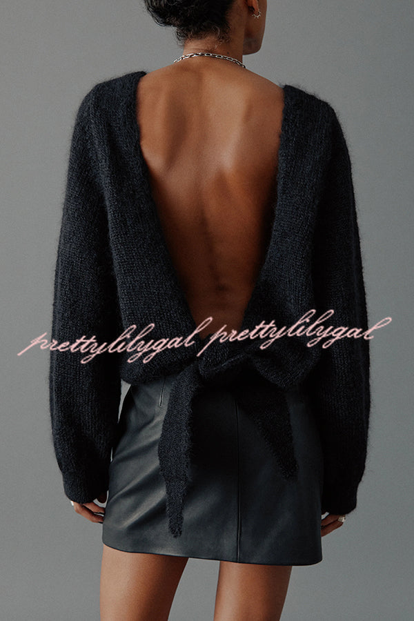 Chunky Season Knit Mohair-blend Long Sleeve Open Back Knot Design Loose Sweater
