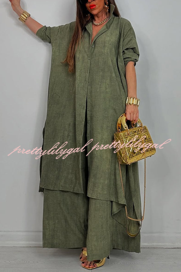 Solid Color Casual Loose Long Shirt and Elastic Waist Pocket Wide Leg Pants Set