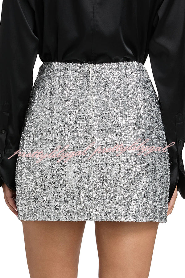 Holiday Party Sequin Velvet Bow Detail High Rise Stretch Mini Skirt