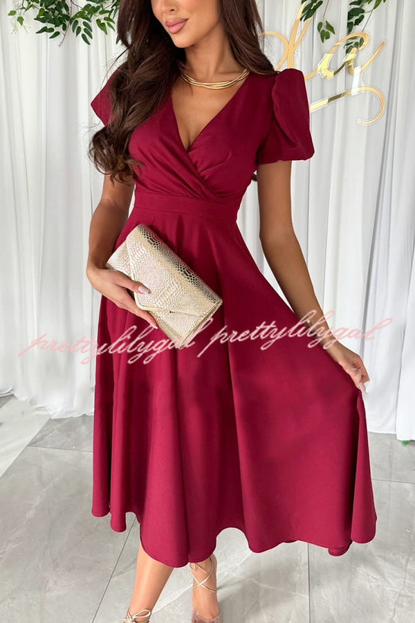 Zayla Solid Color Puff Sleeve V-neck Waist Slim Fit Midi Dress