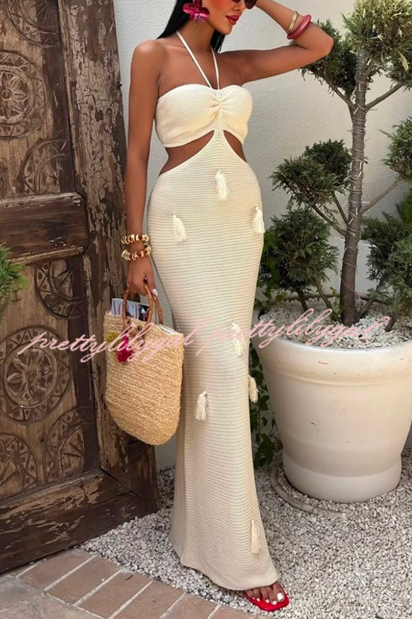 Fashion Halterneck Waist-baring Tassel-embellished Knitted Maxi Dress