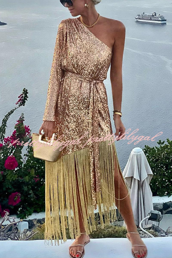 For The Love Gold Sequin One Shoulder Belted Fringes Midi Dress