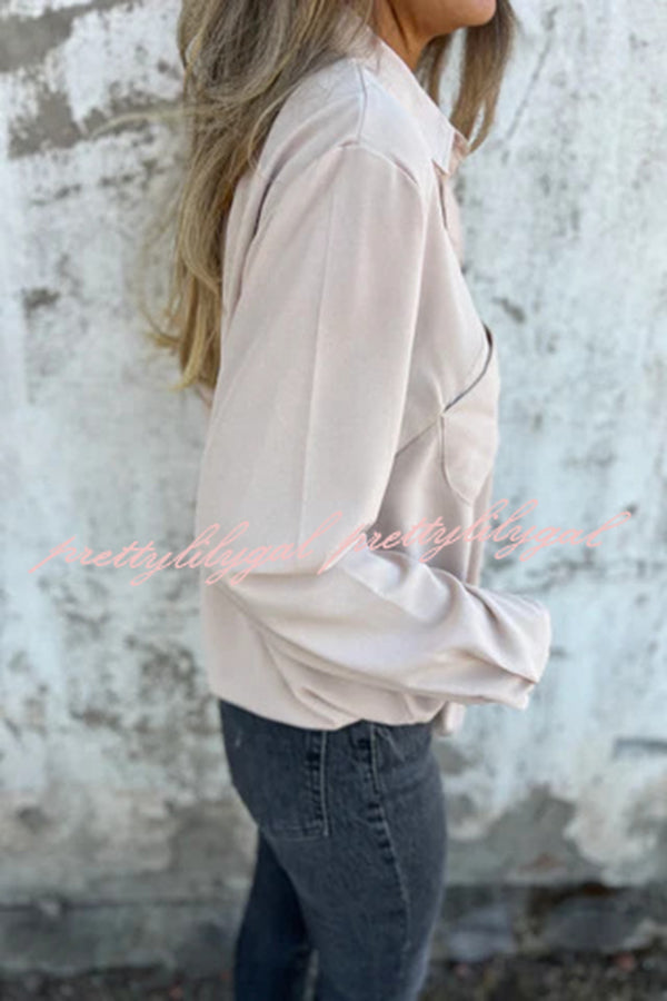 Solid Color Lapel Button Pocket Casual Long Sleeve Shirt