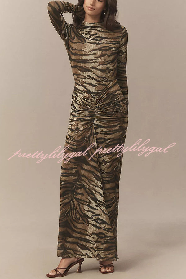 Winston Animal Print High-neck Long Sleeve Ruched Hip Stretch Maxi Dress