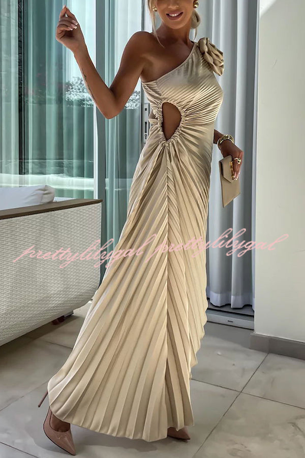 Romantic Nights Satin Raised Flower Elastic Cutout One Shoulder Pleated Maxi Dress