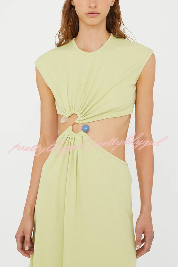 Eye-catching Ribbed Knit S-buckle Hardware Cutout Waist Maxi Dress