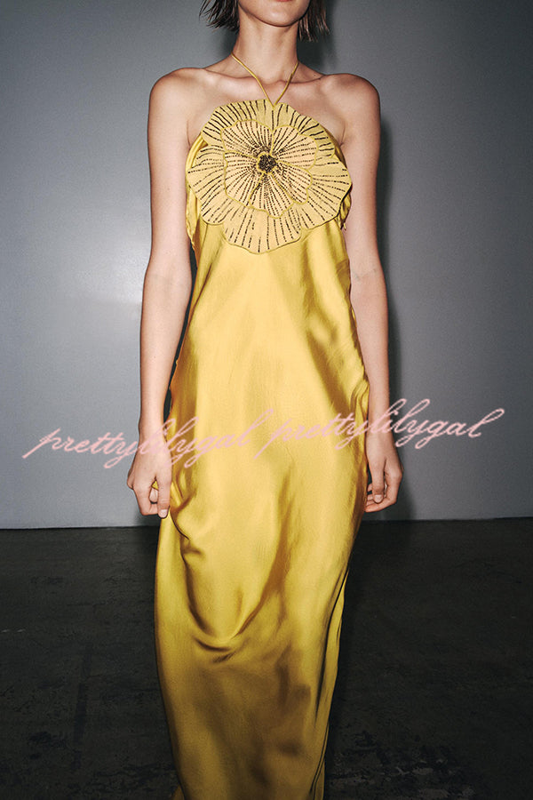 Fashionable Beaded Large Flower Decoration Halter Neck Backless Maxi Dress