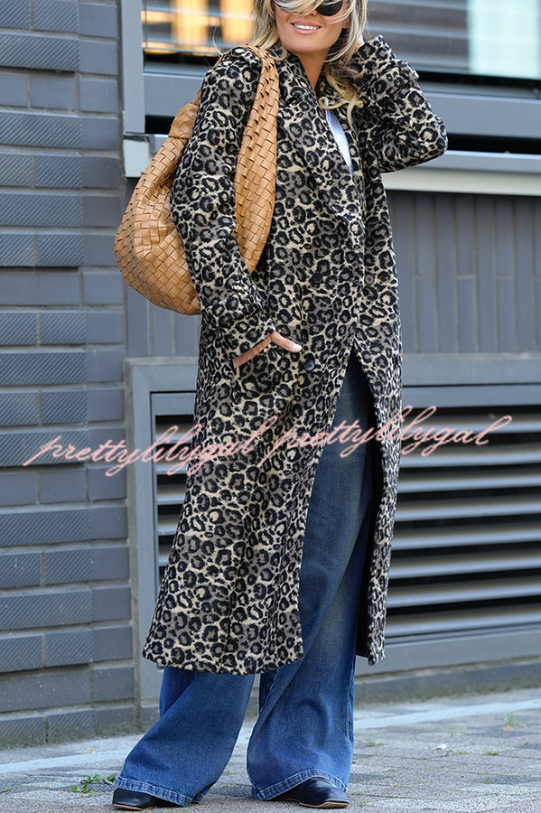 Leopard Affair Animal Print Epaulettes Long Sleeve Pocketed Lapel Midi Trench Coat