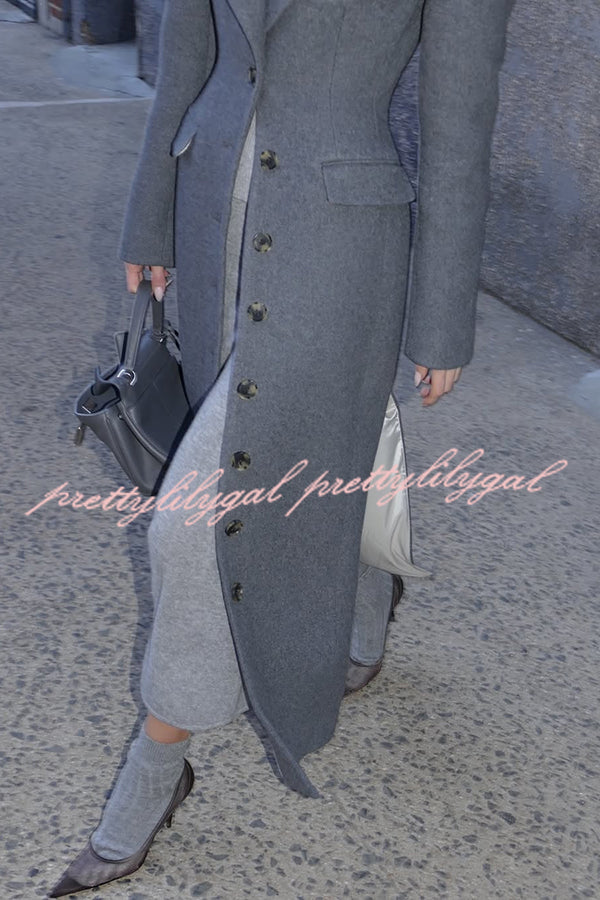 Elegant Lapel Long Sleeve Button High Waist Long Coat