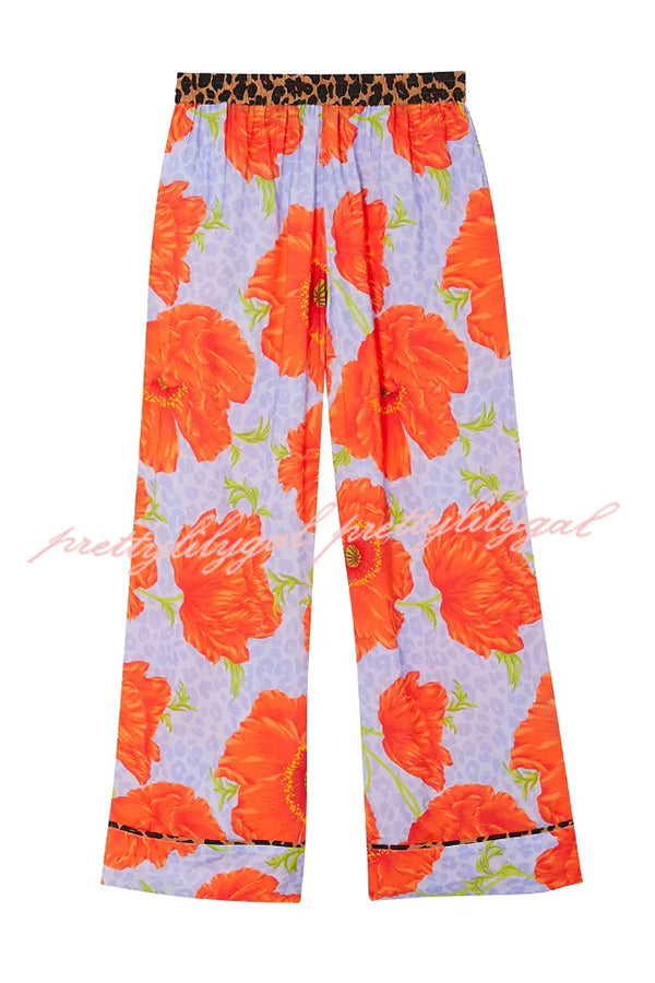 Color-block Poppy Leopard Print Trim Loose Shirt and Elastic Waist Pocketed Pajama Set