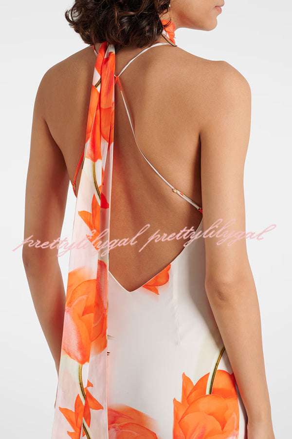Charming Tulip Print Backless Crisscross Straps Flare Scarf Maxi Dress