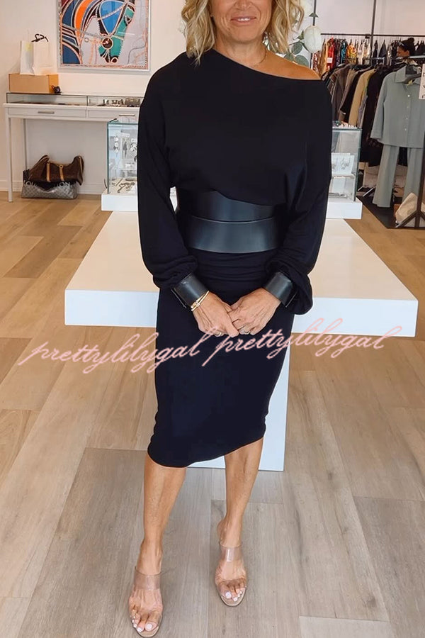 Winston Faux Leather Patchwork Wide Belt Design One Shoulder Stretch Midi Dress