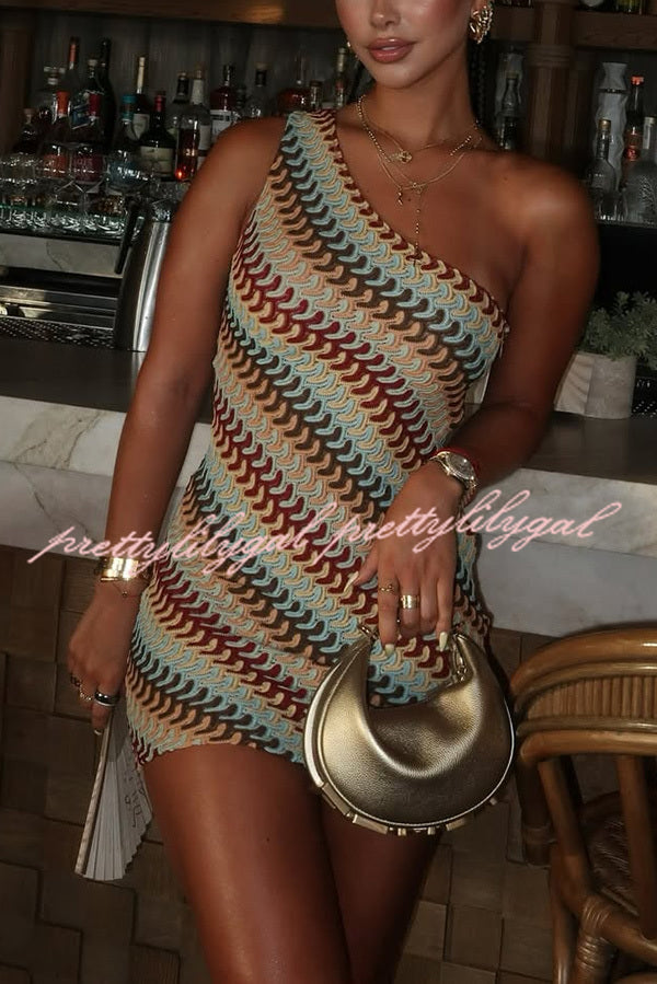 Playful Colorful Knitted Slim-fitting Offset Neck Stretch Mini Dress