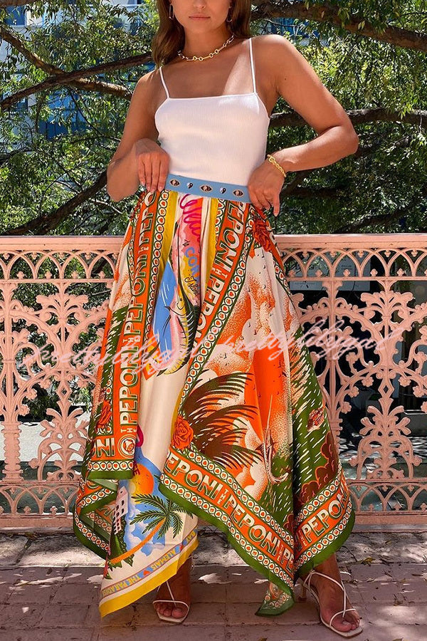 Summer Destination Satin Unique Print Elastic Waist Irregular Hem Maxi Skirt