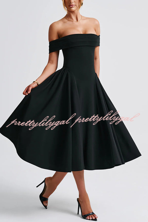 Princess Temperament Batdot Neck Pleat Detail Midi Dress