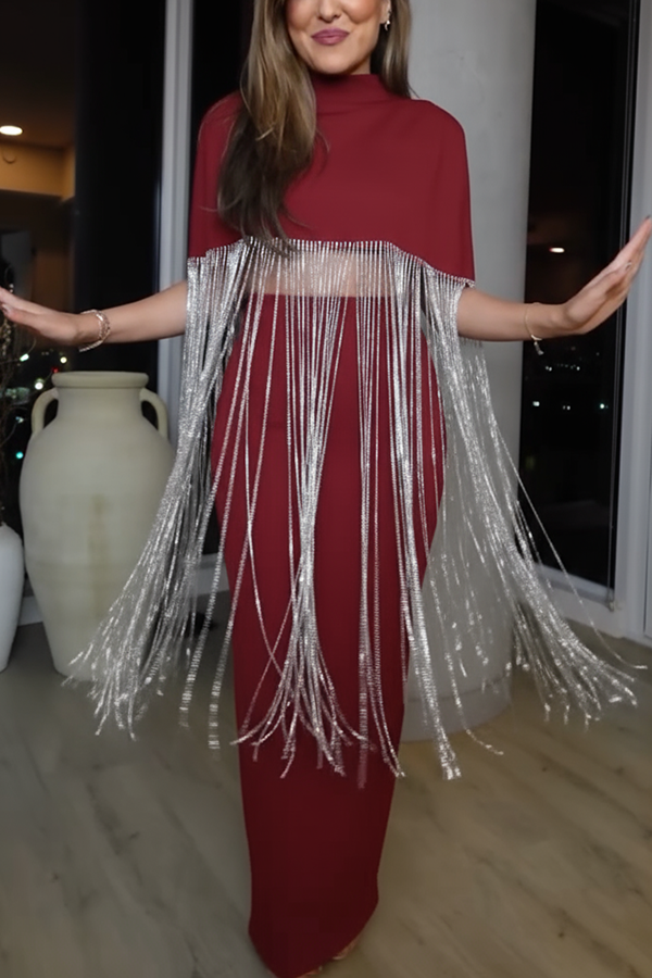 New Level Shiny Tassel Stand Neck Crop Cape Blouse