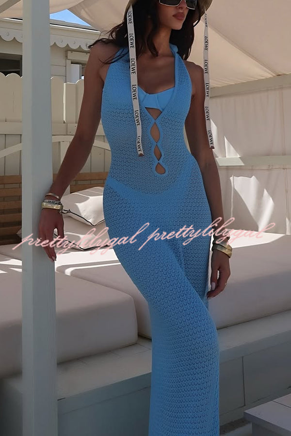 Sun Kissed Knit Cutout Backless Tie-up Slit Vacation Maxi Dress