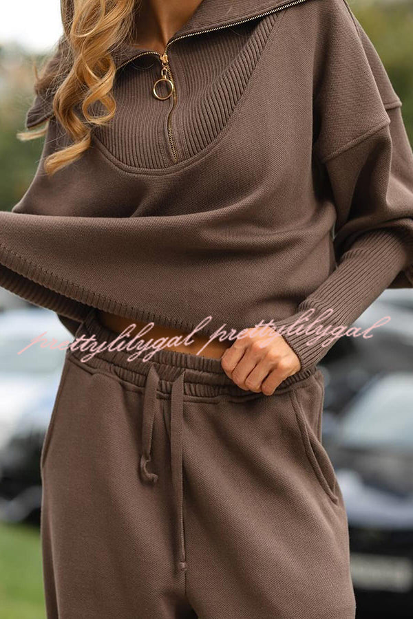 Solid Color Long-sleeved Zip-up Sweatshirt and Elastic Waist Loose Pocket Pants Set