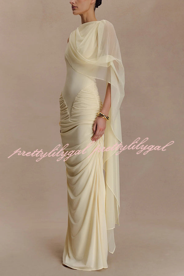 Fashionable Mesh Shawl Sleeveless Slim Fit Pleated Maxi Dress