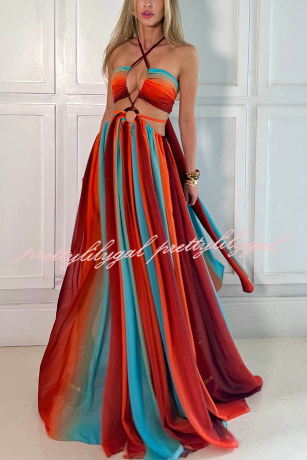 Variety of Styles Tulle Printed Ring Hollow Design Slit Vacation Maxi Dress