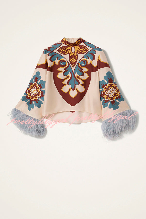 Bohemian Dreams Unique Print High Neck Feather Trim Bell Sleeve Top