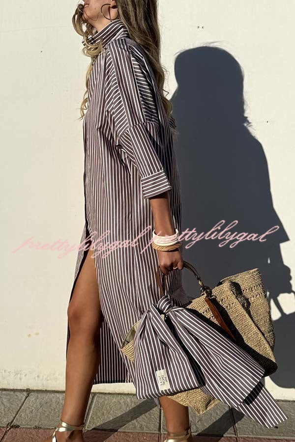 All-match Striped Button Up Half Sleeve Belted Pocket Shirt Midi Dress