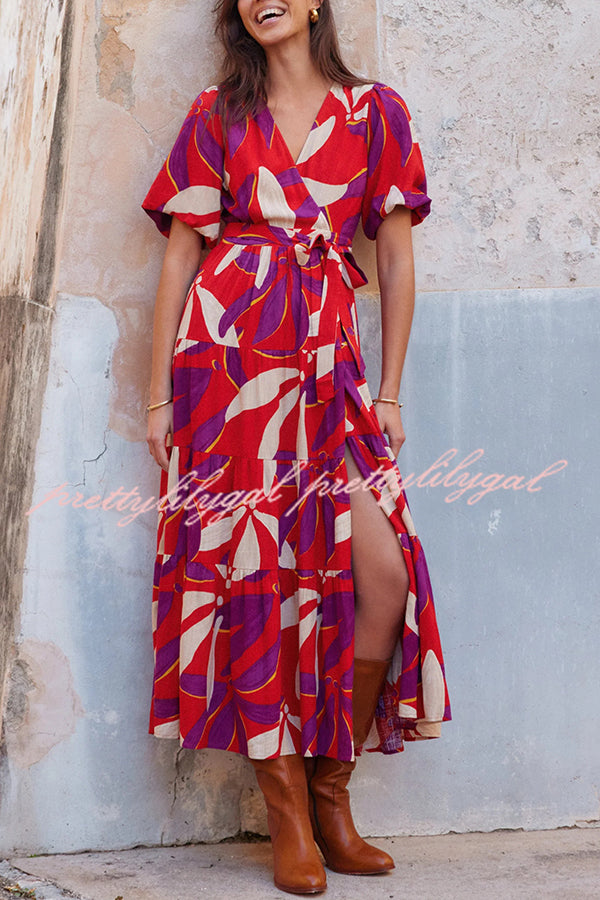 Unique Printed Waist Lace Up Slit Maxi Dress