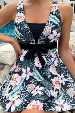 Cheerful Floral Print Bow Detail Tankini Swimsuit Set