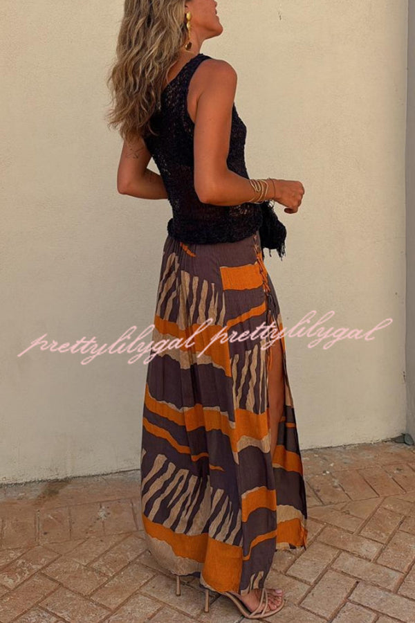 Bendita Colorblock Print Elastic Waist Side Lace-up Slit Maxi Skirt