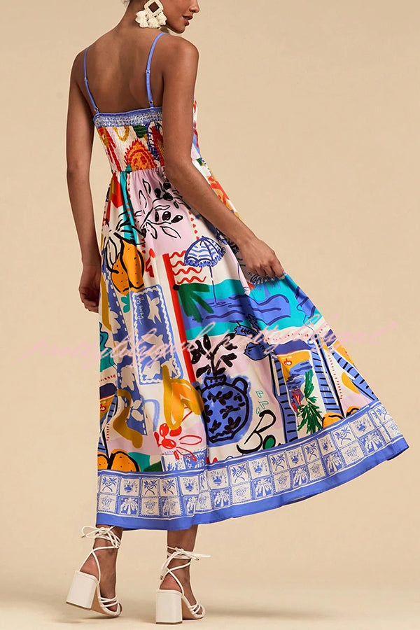Unique Printed Sling Back Pleated Holiday Midi Dress