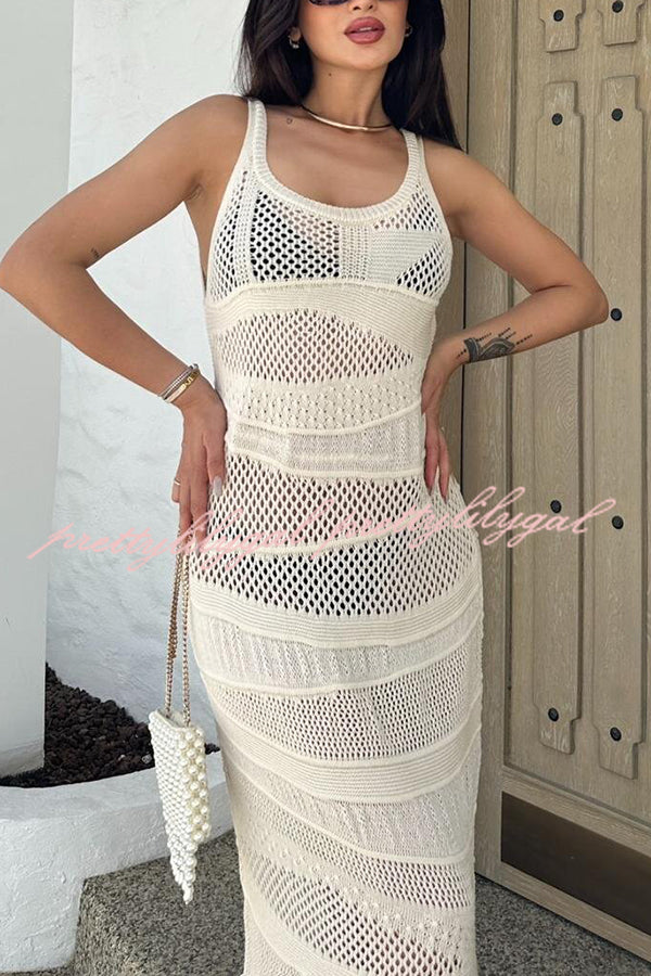 Solid Color Knit Hollow Crew Neck Sleeveless Beach Cover Up Maxi Dress
