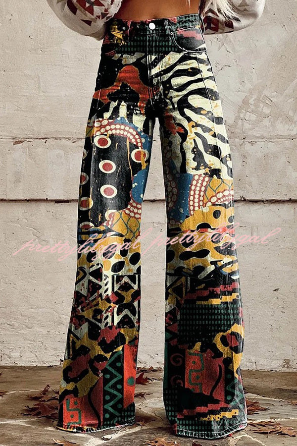 Beautiful Unique Print Button Pocket Wide Leg Pants